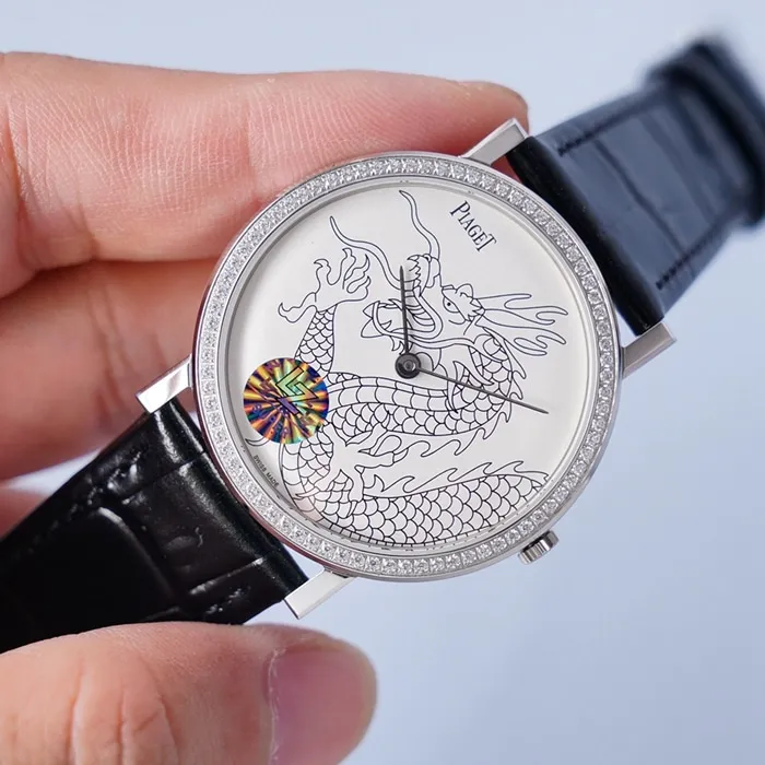 Top-tier watch Piaget men's white dial dragon and phoenix series leather strap watch back cover picture