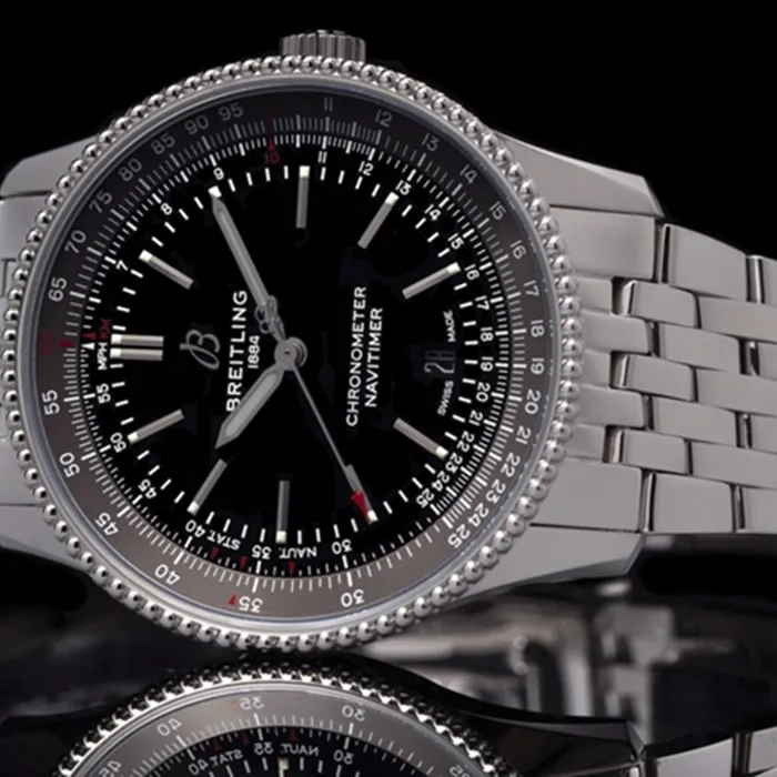 top-tier watch Breitling men's black dial aviation chronograph1 series steel bracelet watch front view