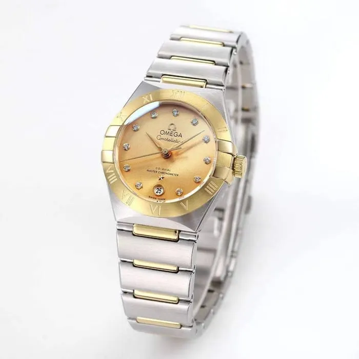 top-tier watch Omega women's gold plate constellation series steel bracelet watch side view