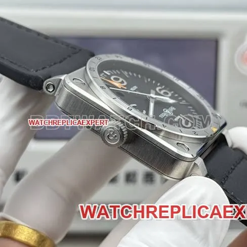 collectible watch Bell & Ross black dial 42mm dual time zone leather strap model clasplive photos
