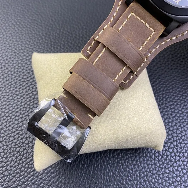HW F factory Paneraitop-tier watch men's black dial brown belt manual winding mechanical leather strap front view