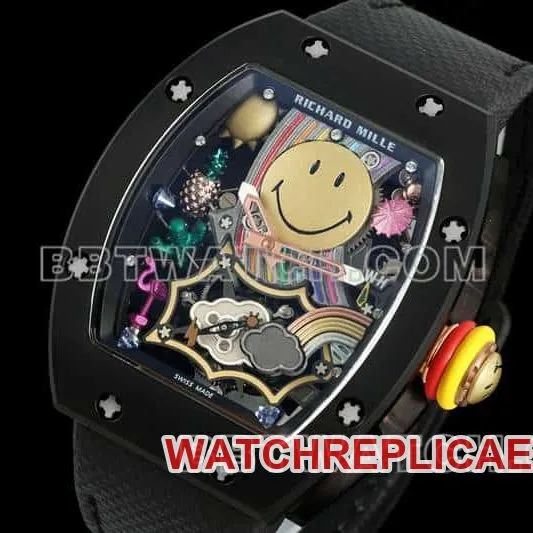 Richard Mille men's top-tier 1:1high-quality smiley tourbillon black shell black leather strap model RM 88braceletlive photos