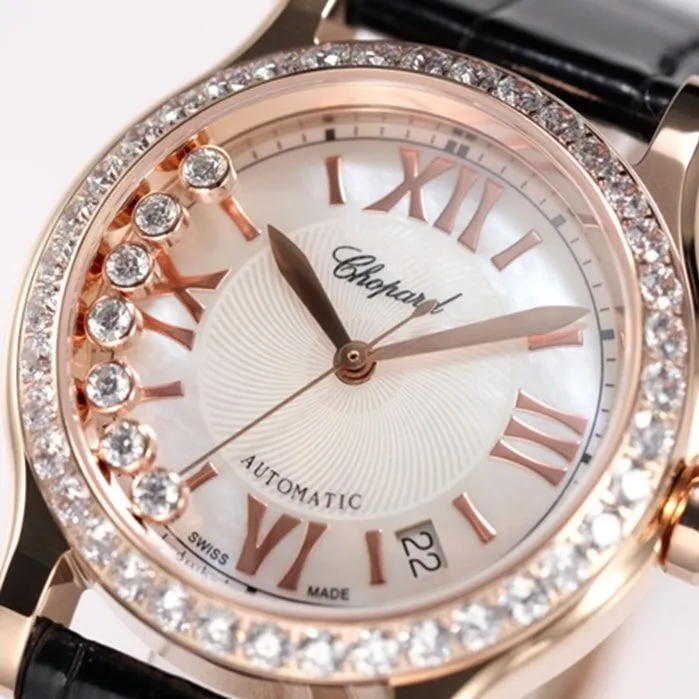 top-tier watch Chopard women's gold plate black belt happy diamond series leather strap watch clasp picture