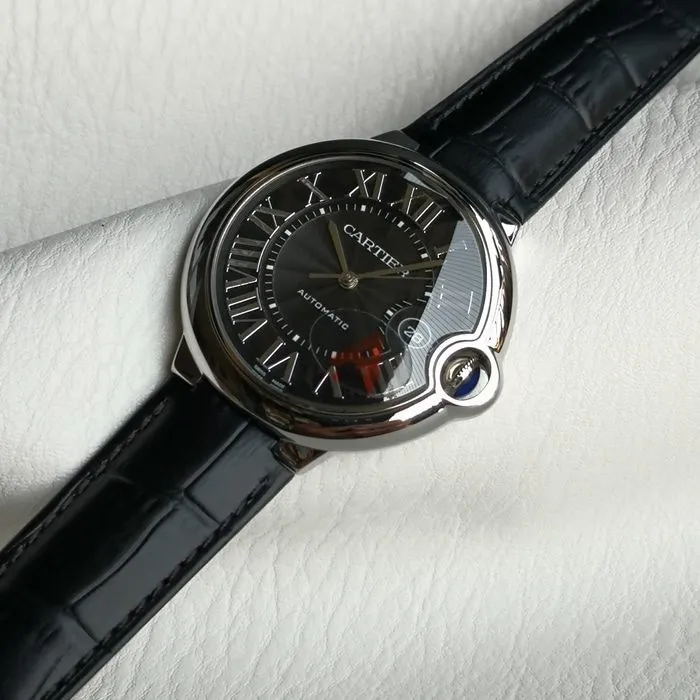 top-tier watch Cartier men's black dial blue balloon series mechanical leather strap watch side view