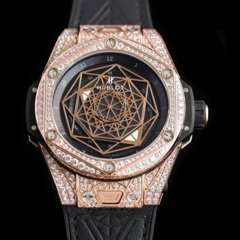 top-tier table Hublot series tattoo OEM1:1 open mold rose goldblack dial full diamond men's mechanical watch movement picture