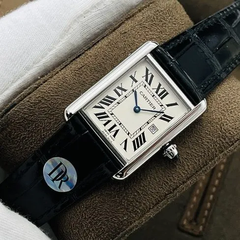 DR factory Cartiertop-tier watch tank series ladies white dial black belt fully automatic movementleather strap watch back cover picture