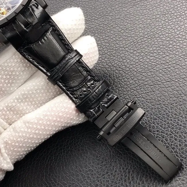 BBR factory top-tier watch Roger Dubuis manual winding tourbillon men's black dialleather strap watch side view