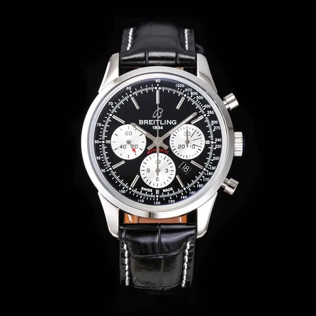 top-tier watch Breitling overseas series chronograph silver steel case watch front view