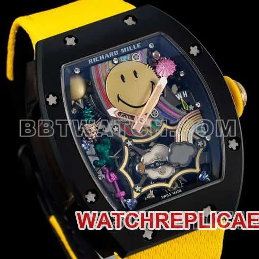 Richard Mille men's top-tier smiley tourbillon black shell yellow leather strap model RM 88side live photo
