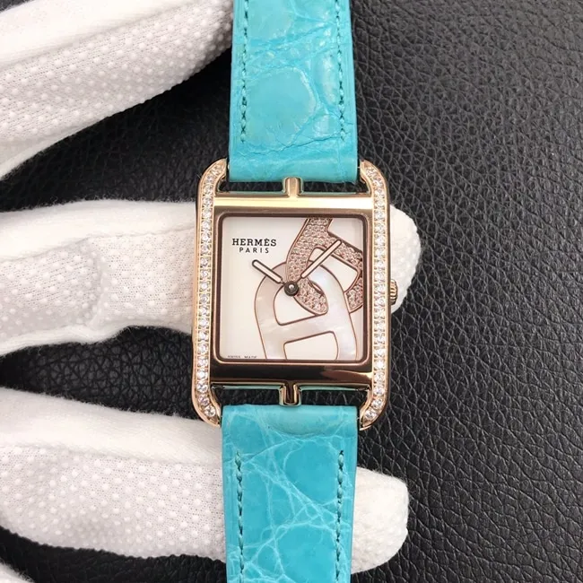 YF factory top-tier watch Hermes Vwhite dial blue belt women's leather strapquartz watch clasp picture