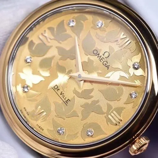 Super cloneOmega women's watch De Ville series yellow gold butterfly dance 32.7mm rear view