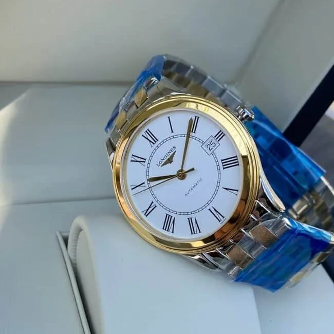 top-tiersuper cloneLongines military flag series white steel Swiss carved movement couple watch front view