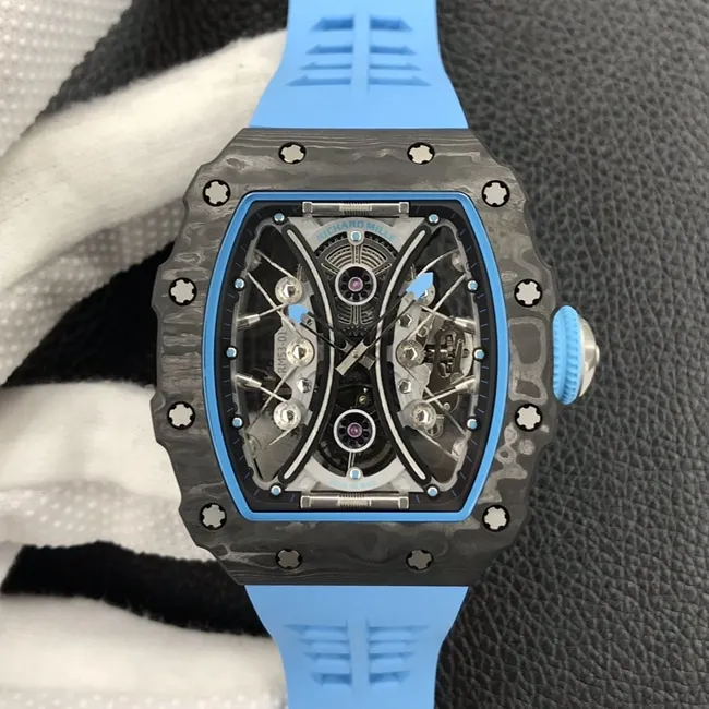 JB factory Richard Milletop-tier watch automatic movement genuine tourbillon men's black dial blue rubber strap watch side view
