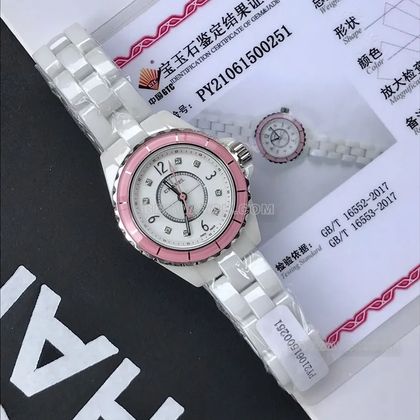 Chanel J12 top white disk pink circle 29mm quartz H4466 strap actual picture