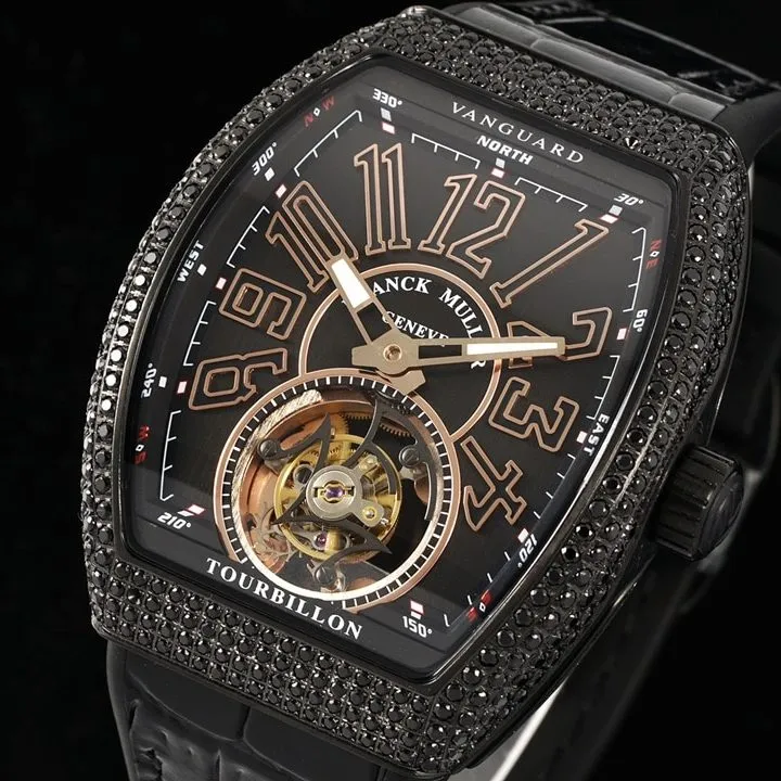 RMS factory Frank Muller men's watch black dial diamond rose goldtourbillonleather strap model V45braceletlive photos