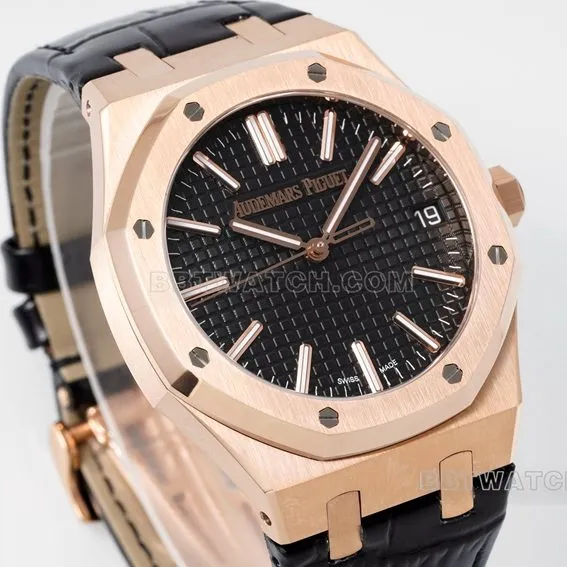 APS factory Audemars PiguetRoyal Oak1:1super cloneblack dialrose goldleather strap model 15510OR.OO.D002CR.02caseback live photo