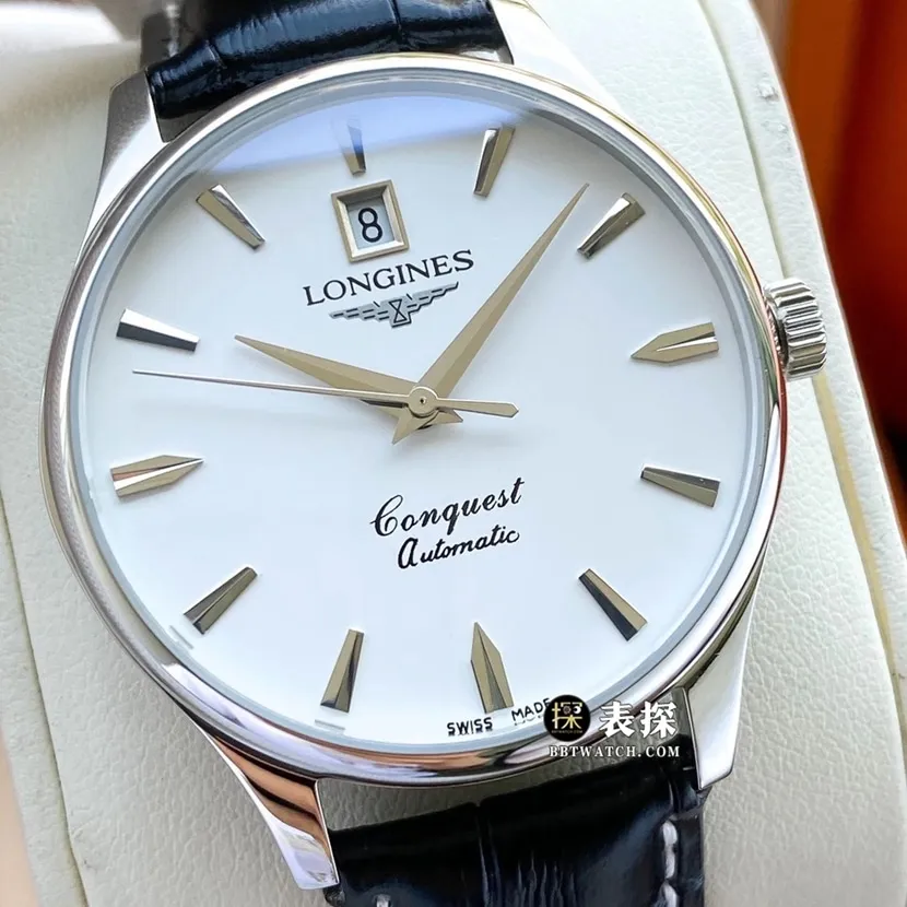 Longines1:1super watch men's white dial three needle leather strap model pictures and pricesside live photo