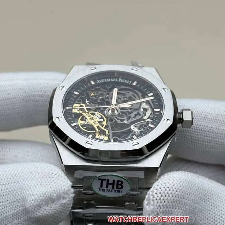 THBAudemars PiguetRoyal Oaktop-tier dark gray hollow plate steel bracelet model 15407caseback live photo