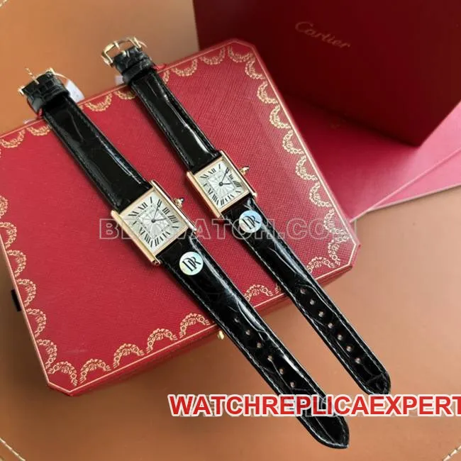 collectible watch DR factory tank Cartier silver gray plate rose gold case quartz black braceletfront live photo