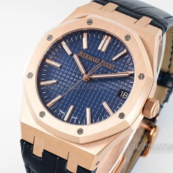APS factory Audemars PiguetRoyal Oaktop-tier 1:1high-quality replicablue dialrose goldleather strap model 15510OR.OO.D315CR.02caseback live photo