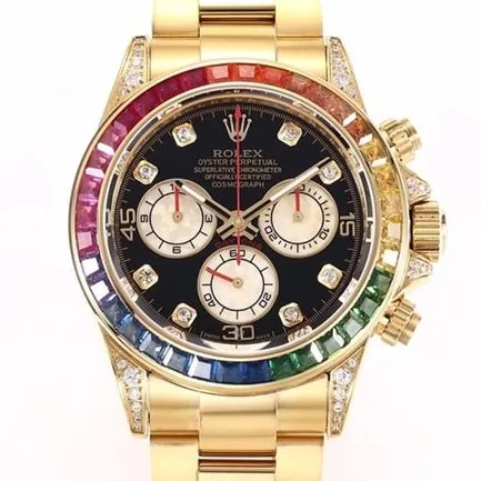 top-tier replicaRolex men's black dial gold band Daytona rainbow model full automatic movement watch clasp picture