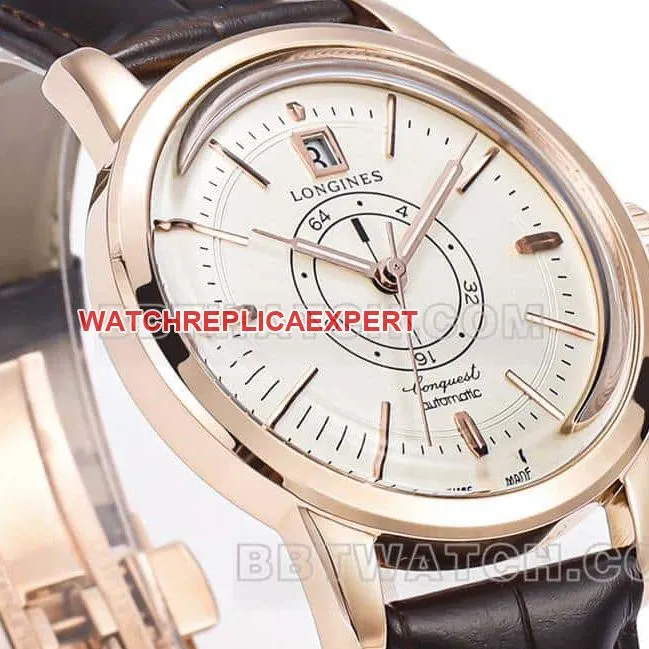 AD factory Longines classic replicatop-tier 1:1high-quality replicaguilloché dialrose goldleather strap side live photo