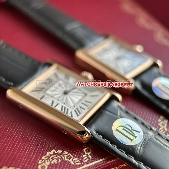 collectible watch DR factory tank Cartier silver gray plate rose gold case quartz black braceletside live photo