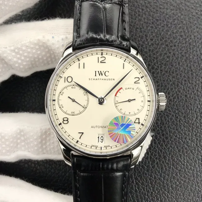 YL Factory IWC Top Watch Automatic Mechanical Men's White Dial Portuguese Seven Leather Strap Watch Side View