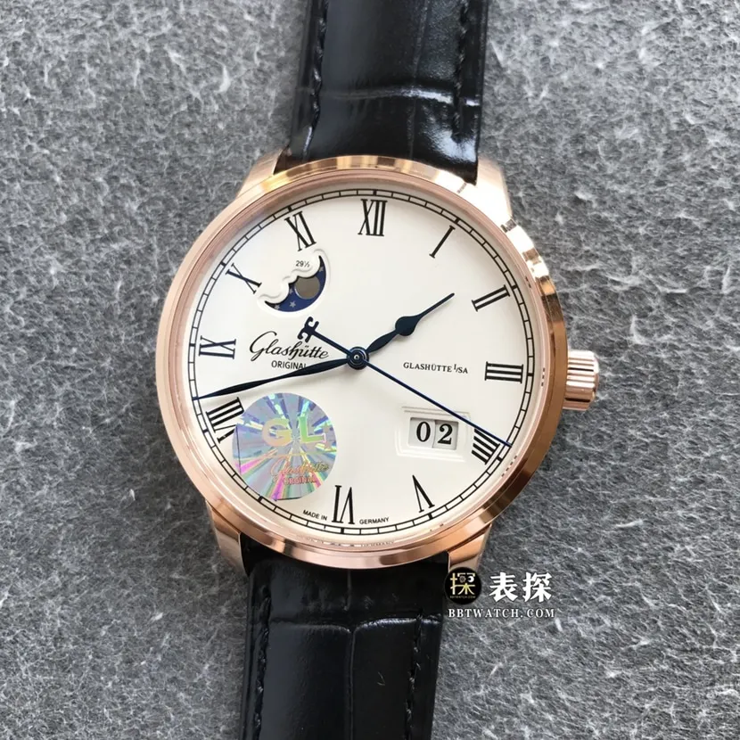 GL factory Glashütte Original MP watch men's white dialmoon phaserose goldleather strap model pictures and prices braceletlive photos