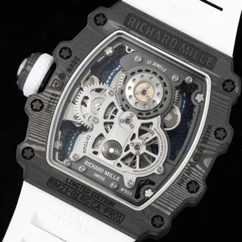 Large factory fine imitation Richard Mille black steel RM 21-01 aerodynamic tourbillon watch light wear-resistant carbon fiber and 5N red gold material detail picture