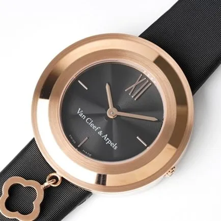 top-tier Van Cleef & Arpels women's black dial black belt Charms Goldquartz watch side view