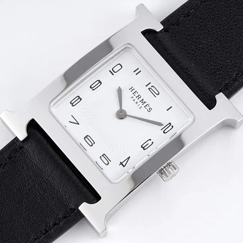Hermès top-tiersuper cloneladies' watchHeureH series ladies quartz square fashion watch black leather white dial side view