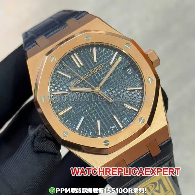 Meticulously replicated Audemars Piguet Royal Oak, PPM factory, blue dial, rose gold, leather strap, back view real photos