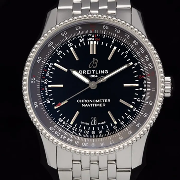 top-tier watch Breitling men's black dial aviation chronograph1 series steel bracelet watch side view
