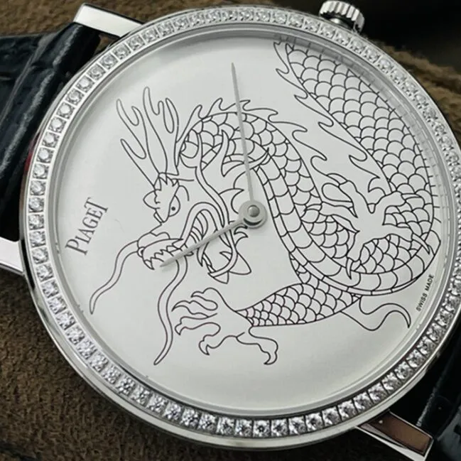Top collectible watches Piaget Men's White Plate Black Strap Dragon and Phoenix Collection Belt Watch Side View