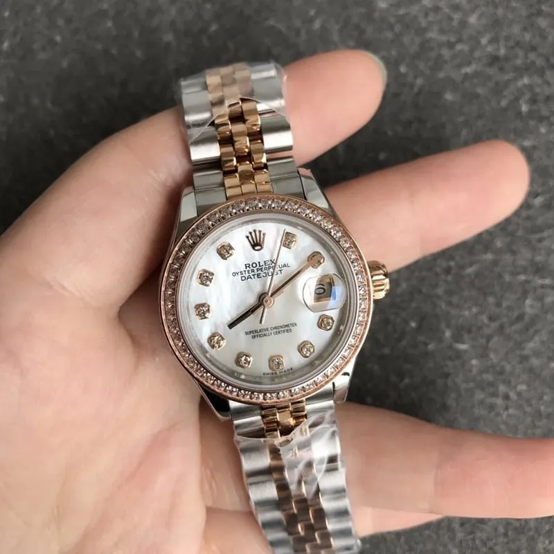 Rolex Datejust watch, women's 28mm, mechanical bezel, diamond, rose gold, mother-of-pearl dial, diamond hour markers, front view