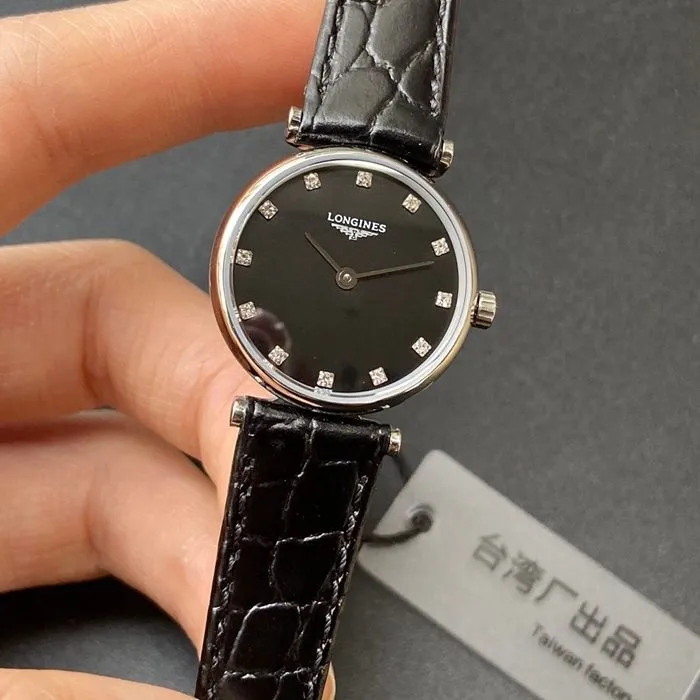 top-tier watch Longines couple watch black dial black belt Jialan series leather strap watch side view