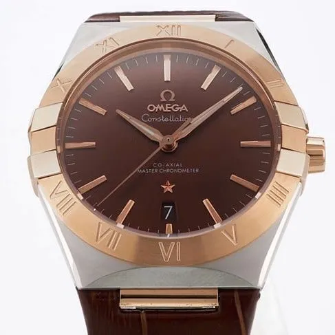 TW factory top-tier watch Omega men's brown plate brown belt constellation series leather strap watch front view