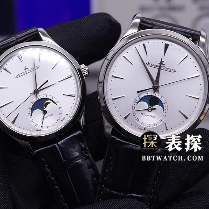 APSmoon phase master Jaeger-LeCoultre1:1replica couple watch white dial black leather strapclasp picture