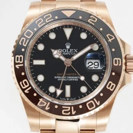 GS factory top-tier watch Rolexrose gold black bottom men's mechanical watch GMT-Master Sarsaparilla ring front view