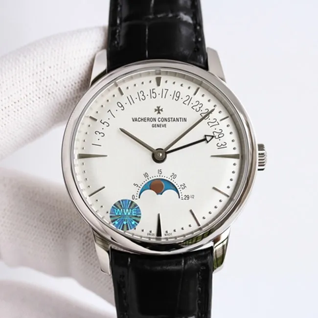 top-tier watch Vacheron Constantin men's white dial black belt heritage series automatic movement watch side view