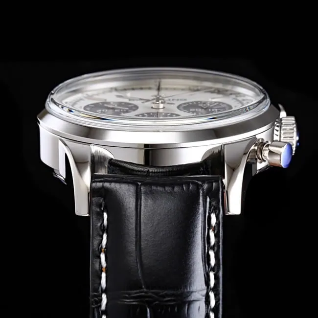 top-tier watch Breitling overseas series chronograph silver steel case watch front view
