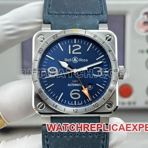 top-tier watch Bellis blue dial 42mm dual time zone leather strap model side live photo