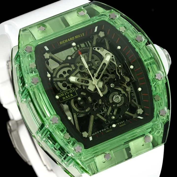 Richard Mille men's top-tier watch green transparent hollow disc rubber model RM35-01braceletlive photos