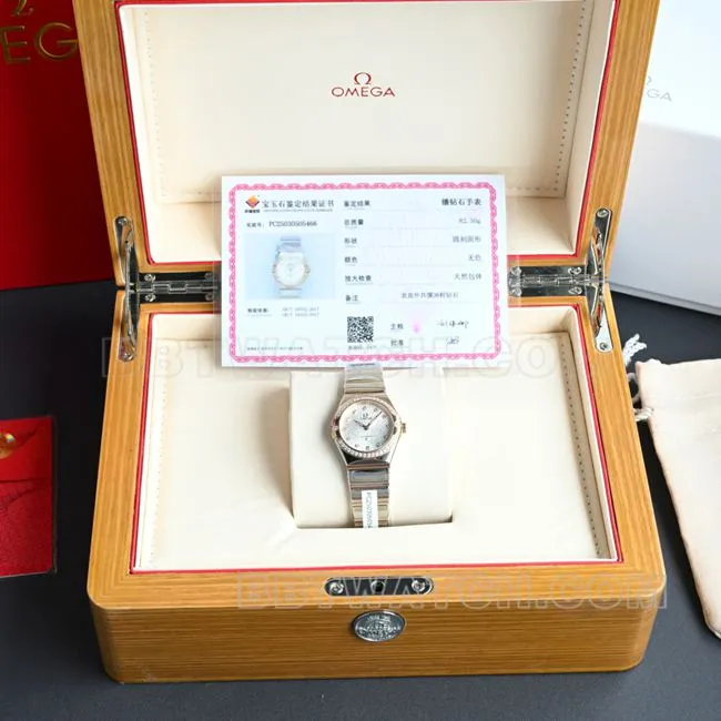 Omega Constellation watch, silver-white dial, 28mm, quartz, real shot from the side.