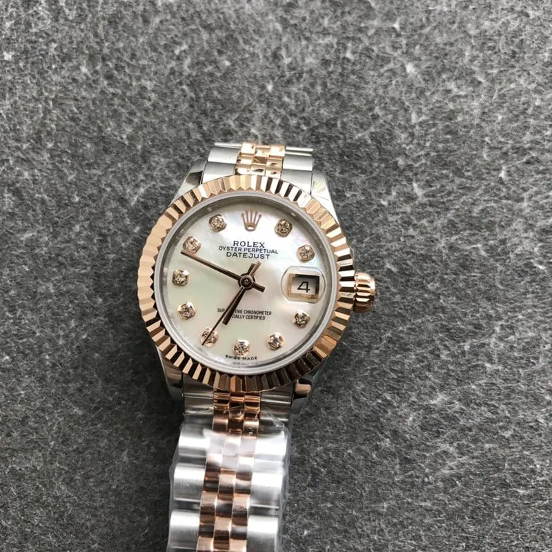 Rolex Datejust watch women's 28mm mechanical tiger tooth bezel rose gold mother-of-pearl dial diamond hour markers front view