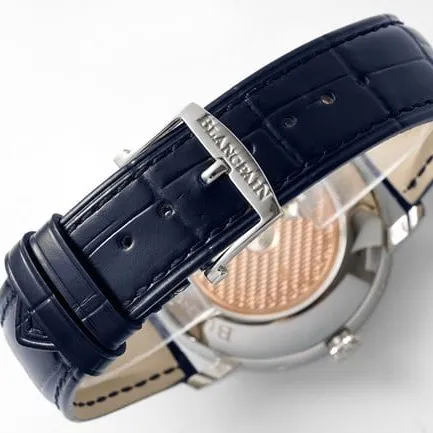 collectible Blancpain men's blue dial blue strap classic series manual mechanical leather strap watch buckle image