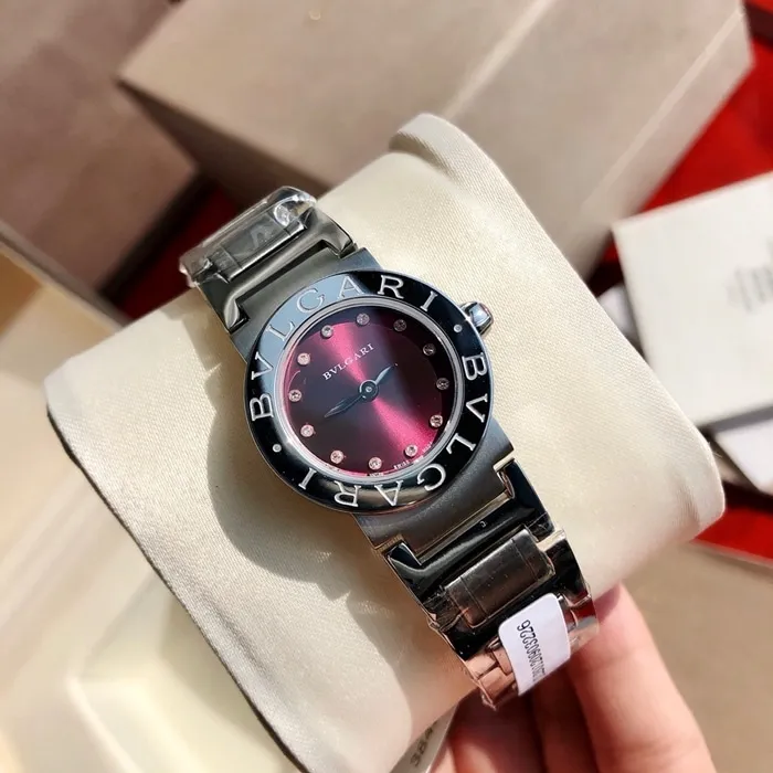 top-tier watch Bvlgari women's red dial steel braceletquartz watch side view