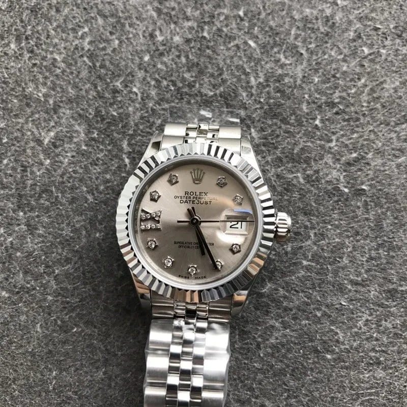 High-quality Rolex Datejust watch for women, 28mm, mechanical, diamond bezel, grey dial, front view