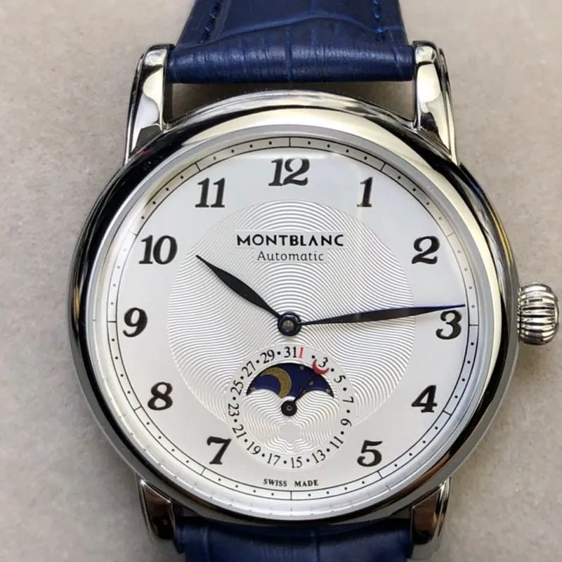 high-quality Montblanc watch star bright star shine moon phase dial side view
